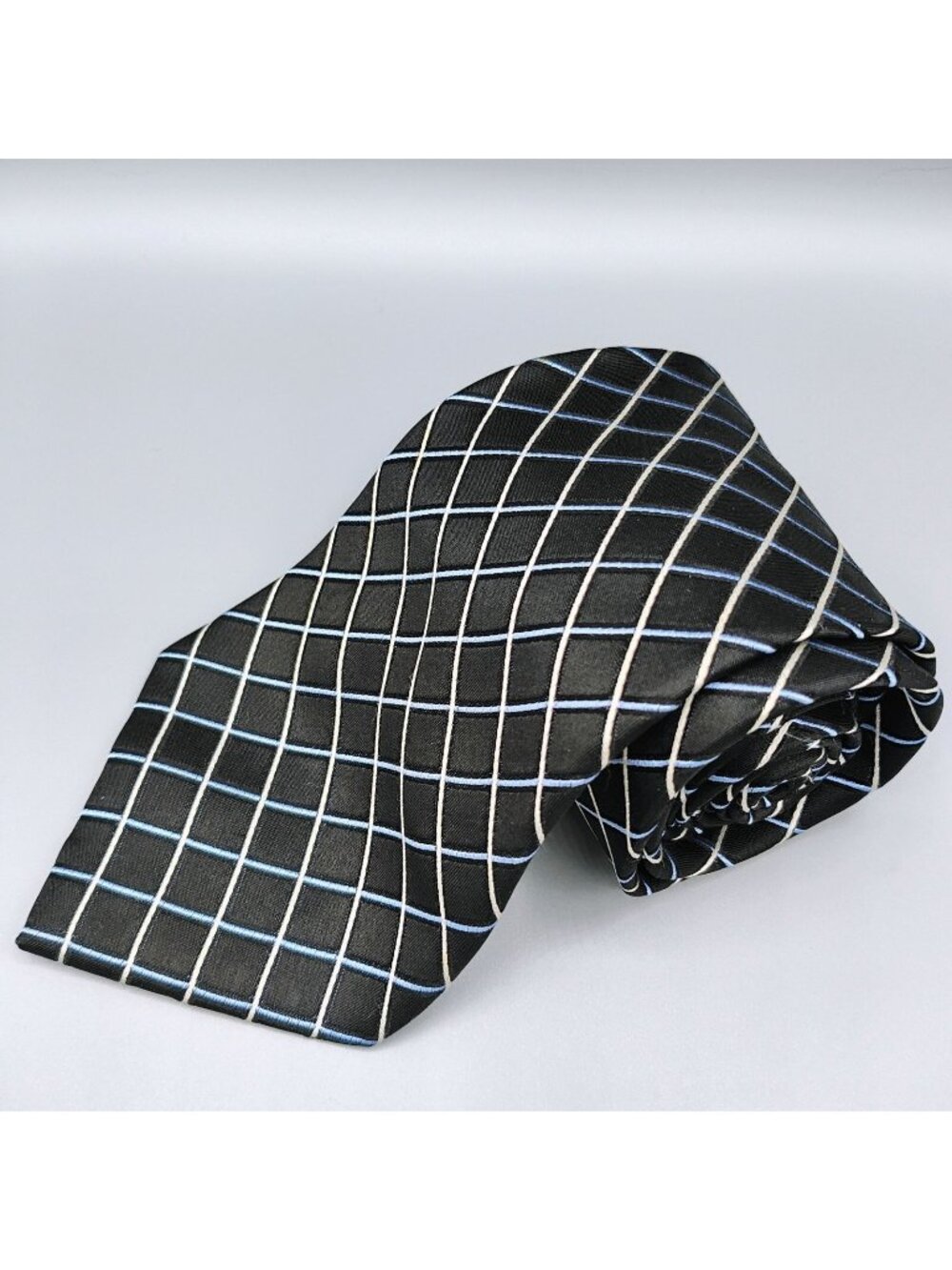 Claiborne Mens Black, Blue, and White Grid Pattern Textured 100% Silk Necktie
